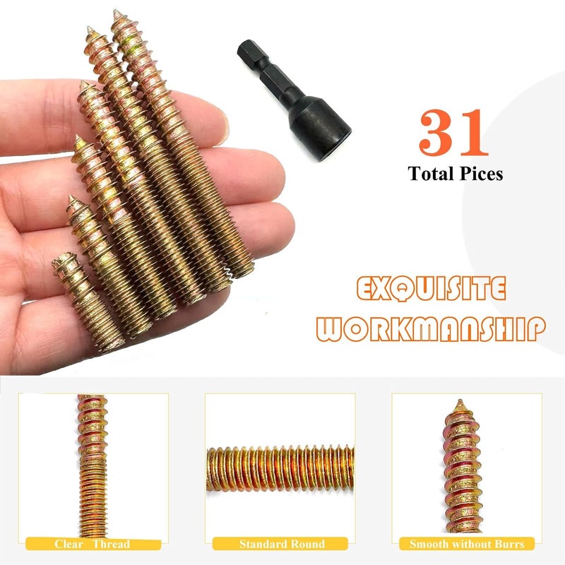 Matrelt 31 Pack 5/16-18" Hanger Bolts 5Sizes 1-3 Inch Include1 pcs Hanger Bolt Driver Double Headed Bolts Wood Dowel Screw Self-Tapping Screw Hanger Bolt for Furniture Screws Wood Screws Double Threaded - Image 4